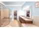 Main bathroom with double sinks, a glass shower, and a walk-in closet at 100 Marshas Vineyard, Hampton, GA 30228