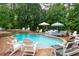 Backyard oasis with a sparkling pool, waterfall feature, and ample seating for relaxation and entertainment at 7131 Ridge Rd, Hiram, GA 30141