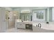 Bathroom with glass-enclosed shower, vanity, and soaking tub beneath large windows at 290 Bluff Oak Dr, Roswell, GA 30076