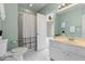 Bathroom featuring a toilet, vanity, mirror, and shower with curtains at 290 Bluff Oak Dr, Roswell, GA 30076