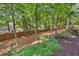 Wooded backyard with mulched landscaping, mature trees, and a wooden fence provides privacy at 335 S Satinwood Pl, Roswell, GA 30076