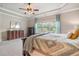 Comfortable main bedroom showcases a tray ceiling, ceiling fan, neutral paint, bright windows, and soft carpet at 3352 Stone Point Way, Buford, GA 30519