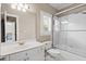 Bright bathroom featuring a sleek vanity, and a glass-enclosed shower with modern fixtures at 8295 St Marlo Fairway Dr, Duluth, GA 30097