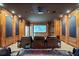 Home theater room featuring paneled walls, a large screen, projector, and comfortable leather seating at 8295 St Marlo Fairway Dr, Duluth, GA 30097