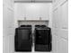 Laundry room featuring modern black washer and dryer units with white shaker-style cabinets above at 208 Wade Creek Rd, Alpharetta, GA 30009