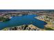 Aerial view showcasing the lake and surrounding homes at 4580 Cloister Cir, Hampton, GA 30228