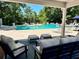 View from shaded seating area of community pool and surrounding lounge area at 6305 River Chase Cir, Atlanta, GA 30328