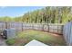 Fenced backyard with grass area and an air conditioning unit, surrounded by tall trees at 32 S Auburn Landing Pl, Auburn, GA 30011