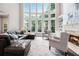 Bright living room showcasing tall windows, fireplace, and comfortable seating at 650 Garden Wilde Place, Roswell, GA 30075