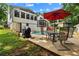 Outdoor patio area featuring a dining table, seating, and a pool in the background, perfect for relaxation and entertaining at 6628 Londonderry Dr, Morrow, GA 30260