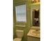 Bright bathroom with colorful wallpaper, shelving, and a sink below a large mirror at 109 Ivy Crest Dr, Dallas, GA 30157