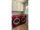 Laundry room with red washer and dryer and white cabinets above at 4807 Greenway Rd, Norcross, GA 30071