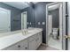 Bathroom with white vanity and a large mirror, with a view to the toilet and shower area at 3801 Stonebriar Ln, Duluth, GA 30097
