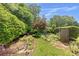 Serene backyard oasis with lush greenery, stone path, and decorative garden art at 2265 Colony Dr, Canton, GA 30114