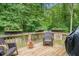 Outdoor deck with chairs, flower pots, and a grill overlooking a green backyard at 263 Chandler Ridge Dr, Douglasville, GA 30134