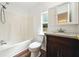 Clean bathroom featuring a bath tub, shower, toilet, and vanity with ample storage at 891 Wooten Ct, Canton, GA 30114