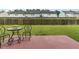 Backyard featuring a black metal table set on a patio, green lawn, and a wood fence at 2924 Greyhawk Ln, Cumming, GA 30040
