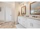 Bright bathroom features double sink vanity with granite countertop and white cabinets at 92 River Walk Pkwy, Euharlee, GA 30145