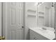Clean bathroom featuring a white vanity, mirror, and convenient storage shelves at 4371 N Park Dr, Tucker, GA 30084