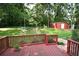 Charming backyard with a wooden deck, green lawn, and storage shed at 5152 Suggs St, Powder Springs, GA 30127