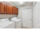 Functional laundry room with washer, dryer, and convenient storage cabinets at 6107 Malloway Ct # B-6107, Cumming, GA 30041