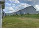 A well-maintained lawn and beautiful blue skies define this home's spacious backyard in a quiet neighborhood at 117 Oliver Dr, Locust Grove, GA 30248