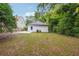 Spacious backyard features a grassy lawn, a detached garage, and mature trees at 1382 Elizabeth Ln, Atlanta, GA 30344