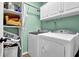 Laundry room with white washer and dryer, shelving, and overhead storage at 3875 Sweetwater Dr, Cumming, GA 30041
