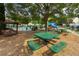 Green picnic tables and a swing bench offer an inviting communal outdoor gathering space next to the playground at 5828 Paliser Trce, Sugar Hill, GA 30518