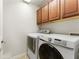 This laundry room features updated, front-loading Samsung washer and dryer beneath stained cabinets at 5828 Paliser Trce, Sugar Hill, GA 30518
