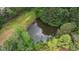 Overhead view of the pond surrounded by lush greenery at 783 Phil Haven Ln, Kennesaw, GA 30152
