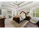 Main bedroom with a ceiling fan, tray ceilings, shuttered windows, and hardwood furniture at 4896 Locklear Way, Marietta, GA 30066