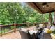 Covered porch featuring outdoor seating, a ceiling fan, and scenic view of mature trees at 4896 Locklear Way, Marietta, GA 30066