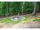 Backyard view featuring a charming circular stone fire pit surrounded by lush greenery at 2637 Morningside Nw Trl, Kennesaw, GA 30144