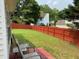 Spacious backyard with a red wooden fence and a patio seating area at 4424 High Gate Nw Dr, Acworth, GA 30101