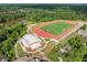 Overhead shot of athletic field with running track, school building, a pond, and surrounding verdant landscapes at 451 S Columbia Dr, Decatur, GA 30030
