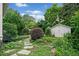 Lush backyard garden featuring a stone pathway and storage shed surrounded by mature landscaping at 451 S Columbia Dr, Decatur, GA 30030