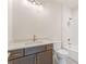 Bathroom features white subway tile, bronze fixtures, and a modern vanity at 731 Crest Line Trl, Powder Springs, GA 30127