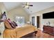Comfortable main bedroom with a large bed, high ceilings, and a window view of the neighborhood at 2450 Weber Heights Way, Buford, GA 30519