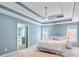 Inviting main bedroom featuring tray ceilings, a ceiling fan, and ensuite bathroom access at 4434 Austin Hills Dr, Suwanee, GA 30024