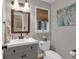 Well-lit half bathroom with modern fixtures, grey walls, and hardwood floors at 5804 Fairwood Nw Cir, Acworth, GA 30101