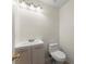 Compact half-bathroom with a modern vanity, mirror, and toilet at 1980 Heatherton Rd, Dacula, GA 30019