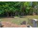 A lush backyard with mature trees provides privacy and a serene outdoor space at 2820 Channing Way, Cumming, GA 30040