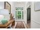 Elegant entryway with console table and decorative rug leading to french doors at 5545 Cross Gate Ct, Atlanta, GA 30327