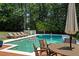 Inviting backyard pool with lounge chairs, trees, and an umbrella for outdoor relaxation at 5545 Cross Gate Ct, Atlanta, GA 30327