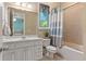 Relaxing bathroom with a shower/tub combo, neutral tile, and a vanity with plenty of storage space at 2220 Peachtree Rd, Cumming, GA 30041