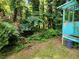 Heavily wooded backyard with overgrown landscaping, and a side view of the home's exterior and porch at 53 Elm St, Hampton, GA 30228