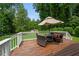 Inviting deck with an umbrella-covered table, comfortable seating, and a serene backyard view at 3449 Parkview Dr, Atlanta, GA 30337
