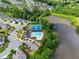 Aerial view of a residential neighborhood featuring a pool, tennis courts, and a serene lake at 4105 Woodwind Dr, Cumming, GA 30028