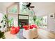 Bright living room with floor-to-ceiling windows, a vaulted ceiling and red stylish furniture at 115 Cross Roads Ct, Atlanta, GA 30327